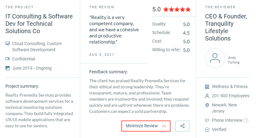 New 5 Star rated review on Clutch